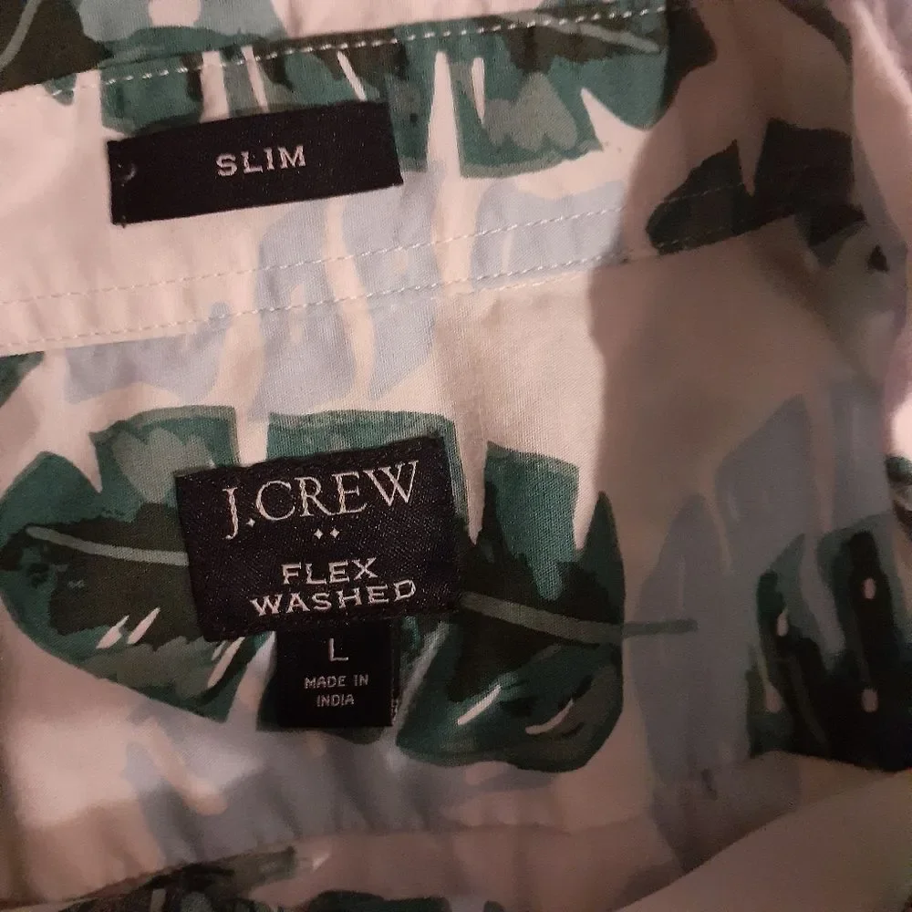 J.Crew shirt mens L slim blue green tropical hawaiian summer Flex Washed top